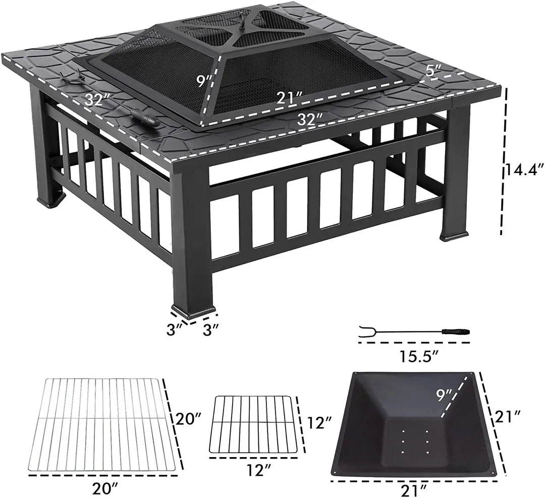 Cisvio Fire Pit Outdoor BBQ Square Metal Table Patio Garden Stove Wood Burning Fireplace, photo 2 of 5