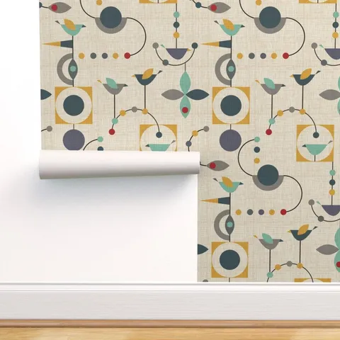 Removable Water-Activated Wallpaper Birds Mid Century Midcentury Modern Abstract