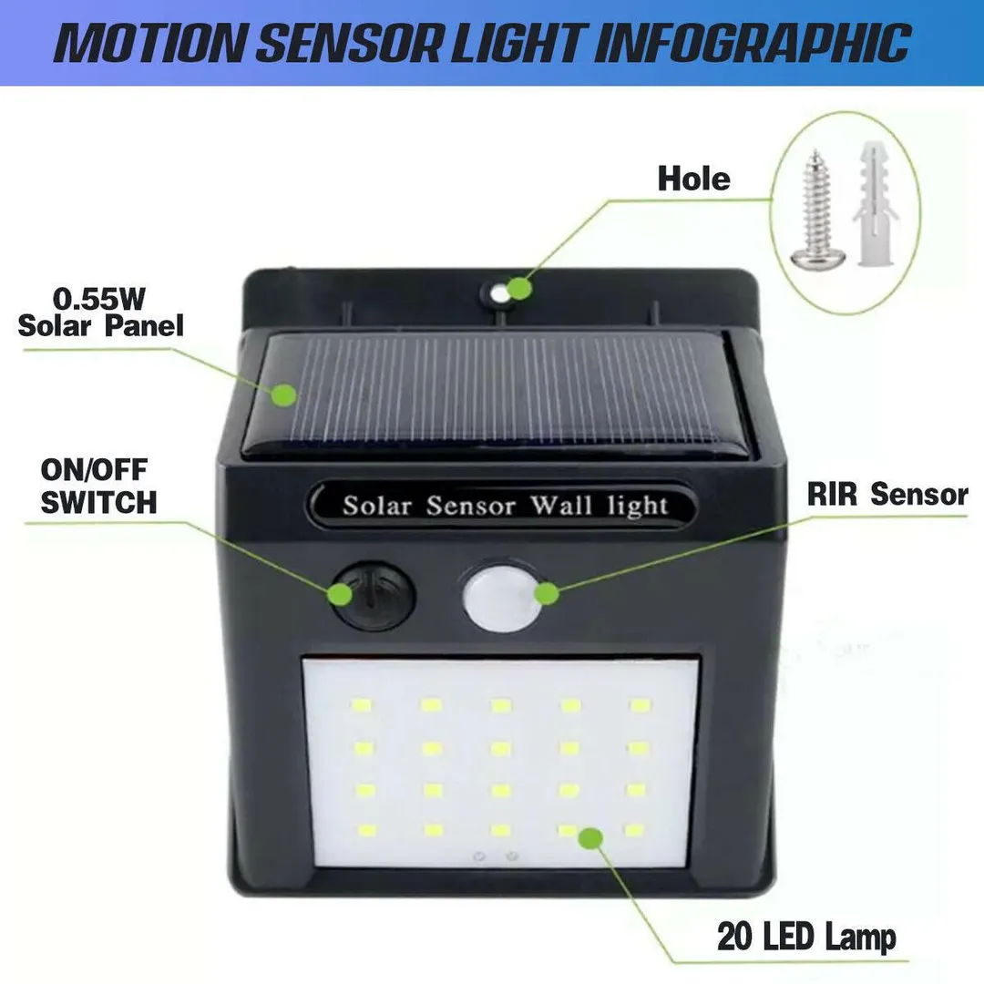 UGTPD Solar Wireless Motion Sensor Lights, 20 LED Flood Lights, IP65 Waterproof Wall Lights Security Lights for Outdoor Garden, Patio, Yard, Deck, Garage, Driveway, Fence Easy-to-Install, photo 7 of 9