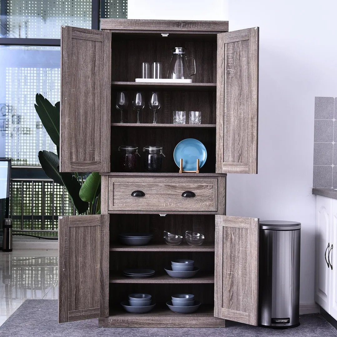 HOMCOM 72 H Traditional Colonial Freestanding Kitchen / Bathroom Storage Pantry with 1 Center Drawer and 2 Cabinets, photo 3 of 8