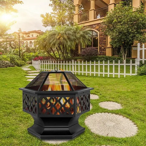24" Hex Shaped Outdoor Fire Pit Wood Burning Fireplace Patio Backyard Heater