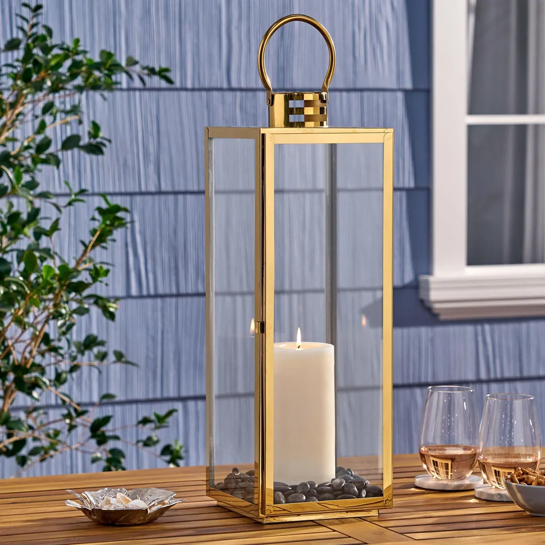 Noble House Otis 24" Modern Outdoor Stainless Steel Lantern, Gold, photo 2 of 8