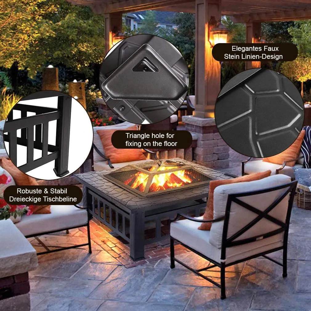 FDW Outdoor fire pit for wood 32" Metal firepit for patio Wood Burning Fireplace Square Garden Stove with Charcoal Rack, Poker & Mesh Cover for Camping Picnic Bonfire Backyard, photo 4 of 7