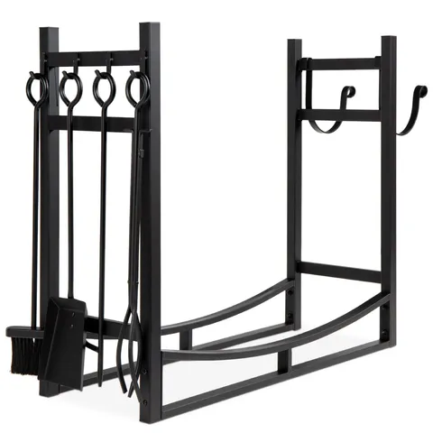 33.5in Steel Firewood Log Rack & Tool Set for Fire Pit