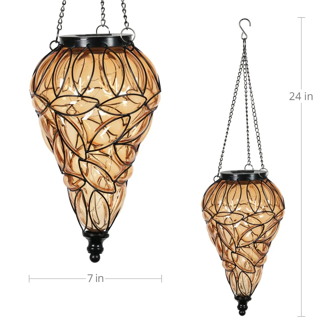 Exhart Solar Tear Shaped Amber Glass and Metal Hanging Lantern with 15 LED Fairy Firefly String Lights, 7 by 24 inches, photo 5 of 6
