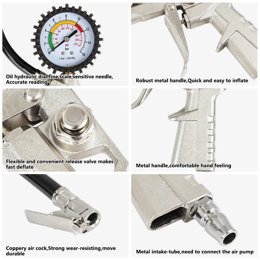 Unique Bargains Car Tire Inflator Air Pressure Gauge 220 PSI with Lock On Chuck Rubber Hose, photo 7 of 7