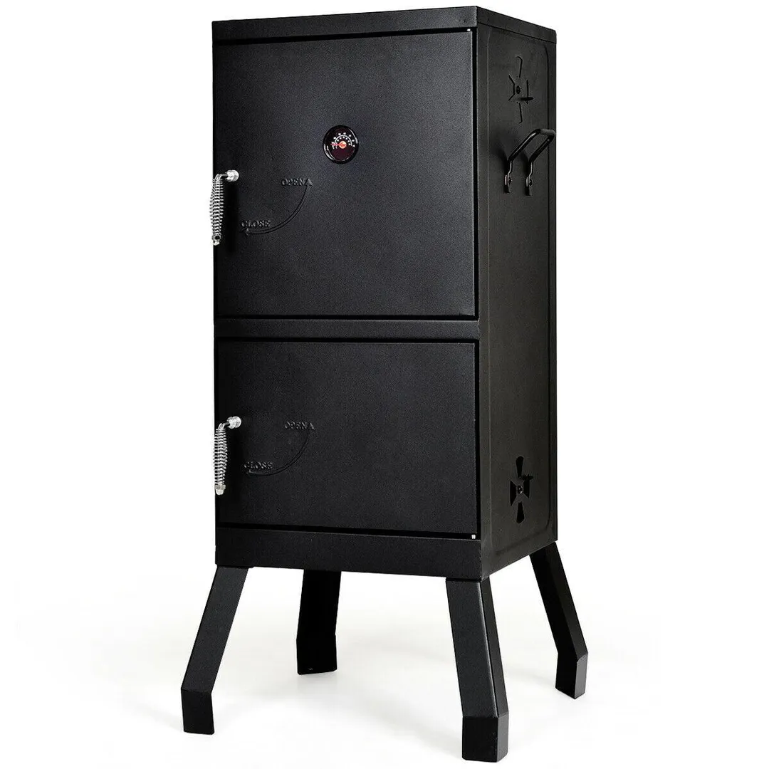 Outdoor Barbeque Grill - Black Iron Vertical 2-Tier Outdoor Charcoal Smoker Barbeque Grill with Temperature Gauge, photo 2 of 2
