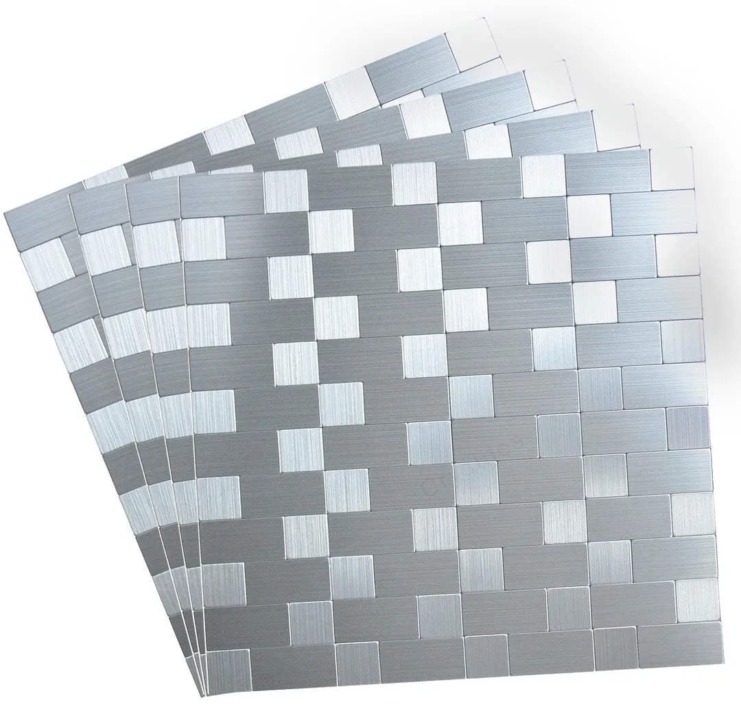 Crystiles Silver Mosaics 12 in. x 12 in. Peel and Stick Brushed Aluminum Wall Tile Backsplash, 4 Pieces, photo 4 of 6
