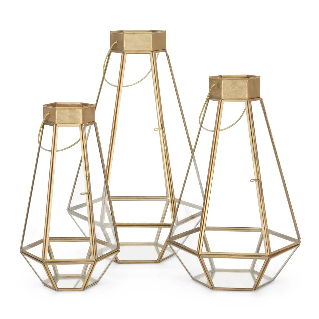 Best Choice Products Set of 3 Indoor Outdoor Decorative Metal Faceted Hurricane Candle Lanterns w/ Clear Glass - Brass, photo 3 of 6