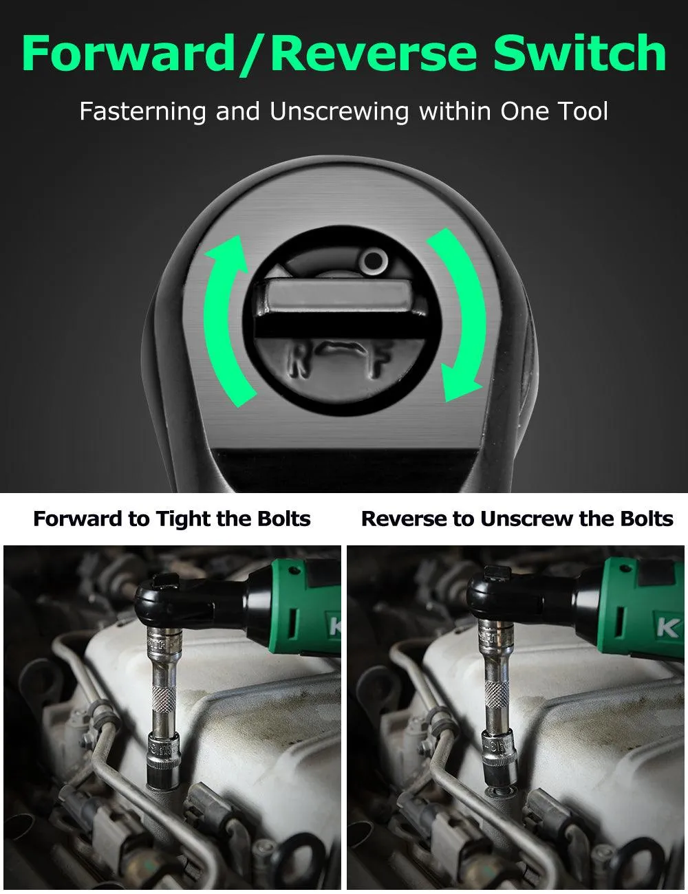 Kimo Cordless Electric Ratchet Wrench, 3/8" 40 Ft-lbs 400 RPM 12V Power Ratchet Wrench Kit w/ 60-min Fast Charge, Variable Speed, 2 Pack 2.0Ah Lithium-Ion Batteries, 8 Sockets, photo 2 of 7