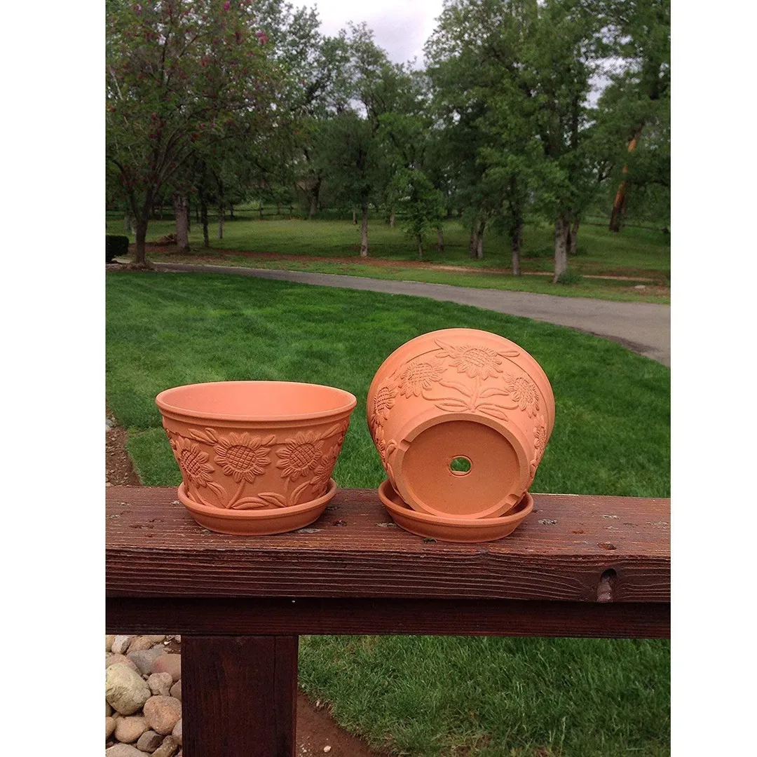 Set of 2 Raised Sunflower Embellished Natural Terracotta Garden Pot with Tray, photo 6 of 6