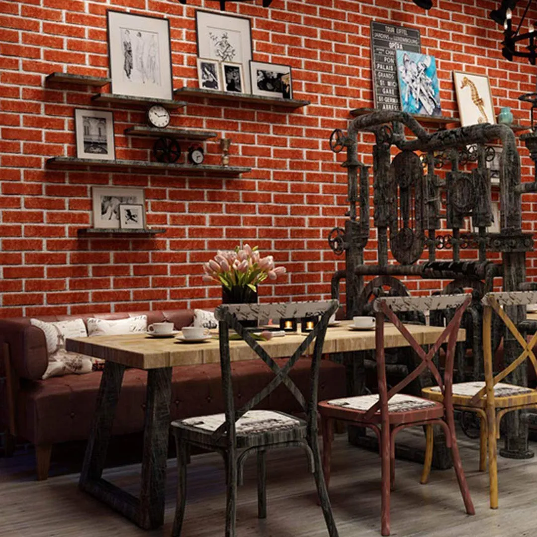NK HOME 1M/ 5M/ 10M Self-Adhesive Wallpaper Red Brown Brick Contact Paper Fireplace Peel-Stick Wall Stickers Door Stickers Counter Top Liners, Red Brick, photo 4 of 4
