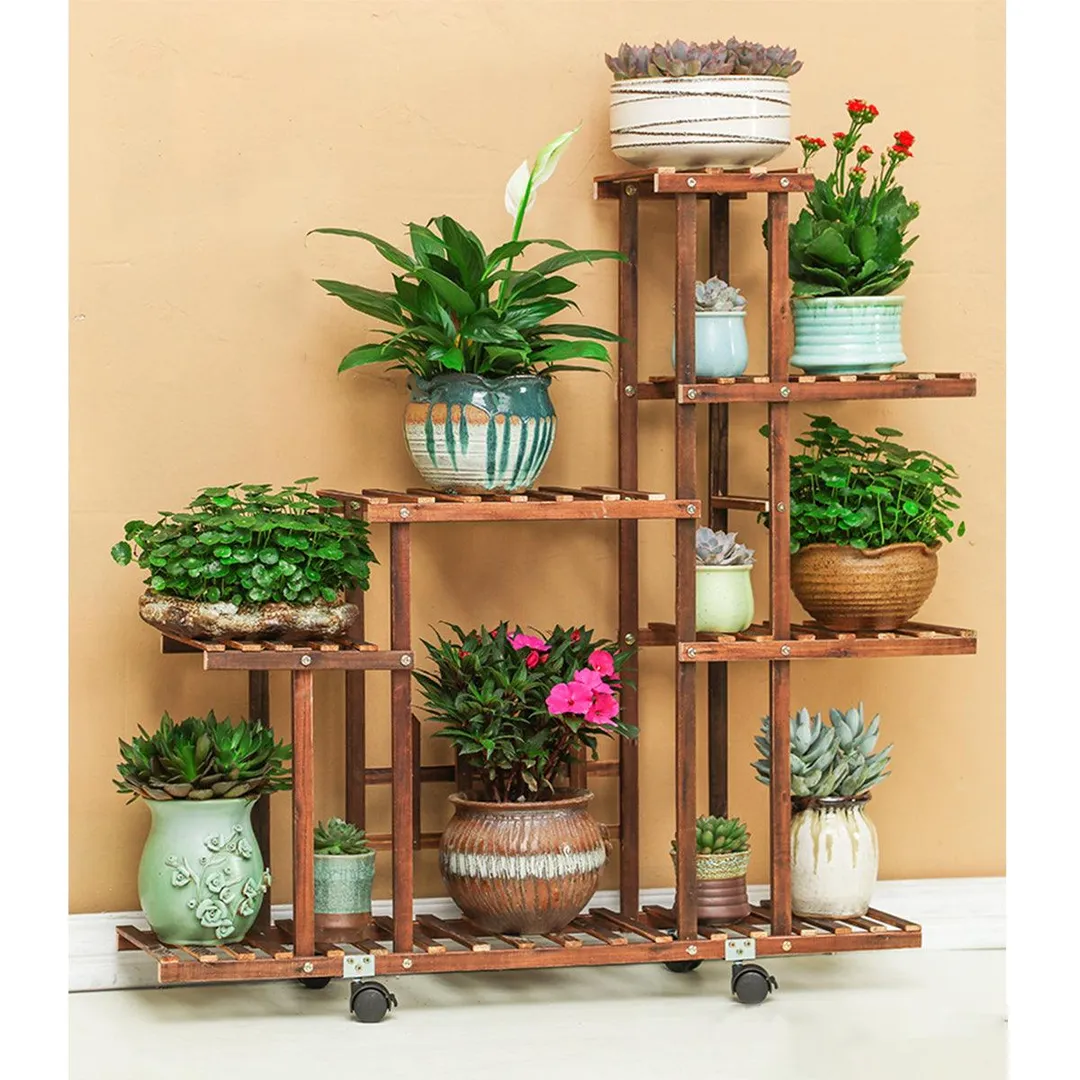 Fir Wood Plant Flower Pot Stand Shelf Rack Display Wheels Indoor Outdoor Garden, photo 4 of 6