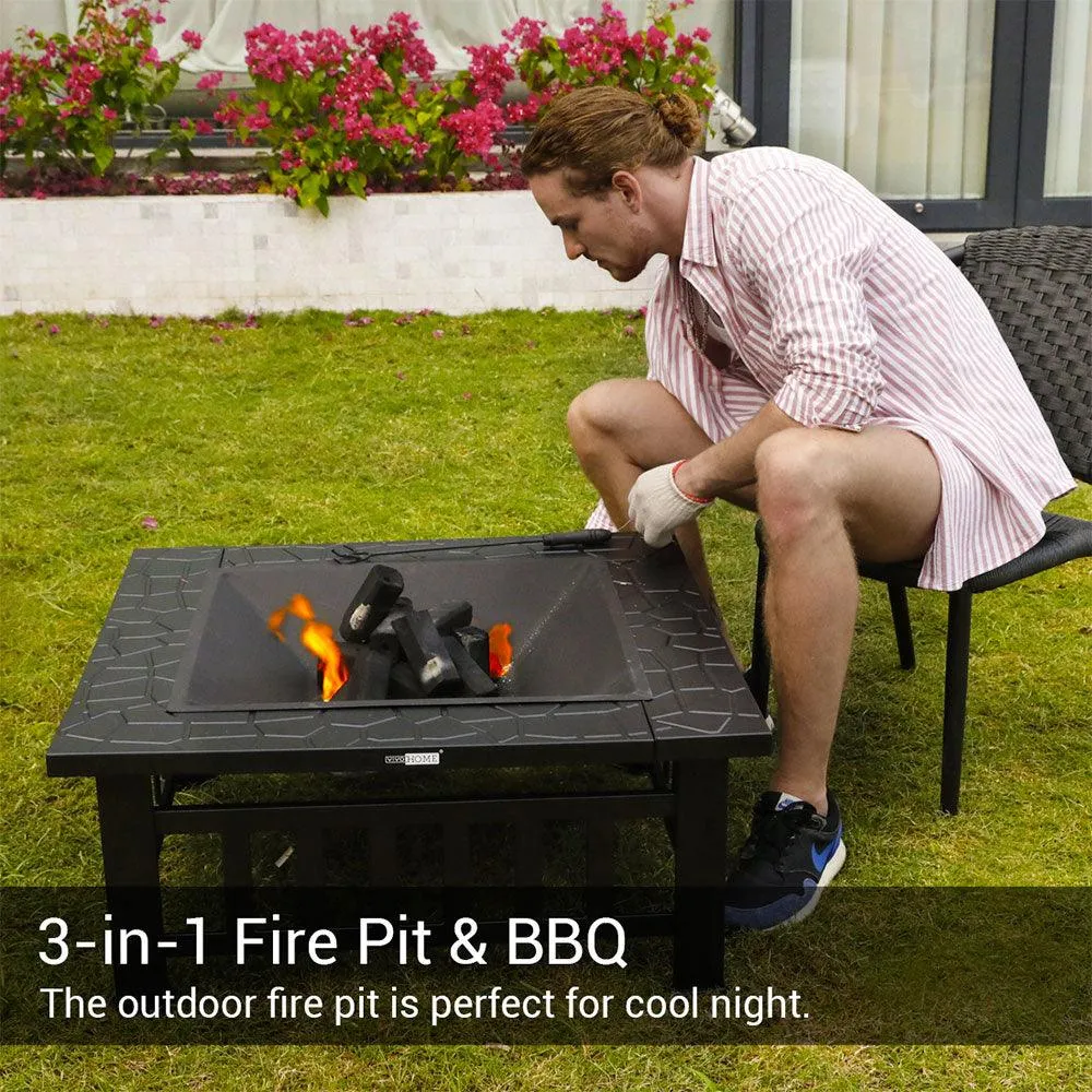 SINOWELL Outdoor Fire Pit Square Metal Firepit Backyard Patio Garden Stove Wood Burning Fire Pit W/Rain Cover, Black, photo 8 of 8