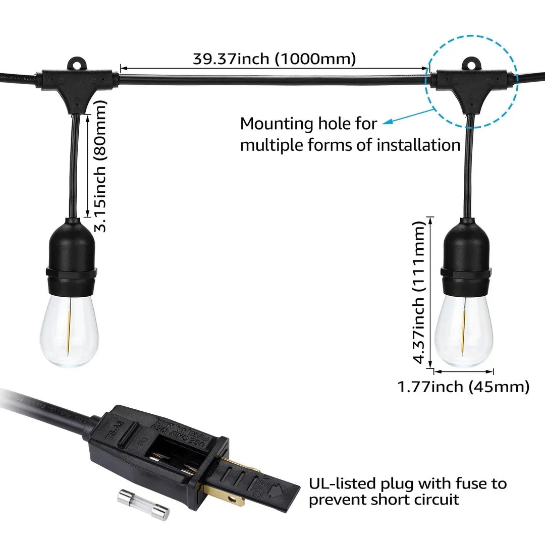 TORCHSTAR 50ft LED Outdoor String Lights, Weatherproof Patio String Light for Party, Restaurant, Garden, Patio Lights, 15 Sockets, 16 Bulbs Included, photo 9 of 9