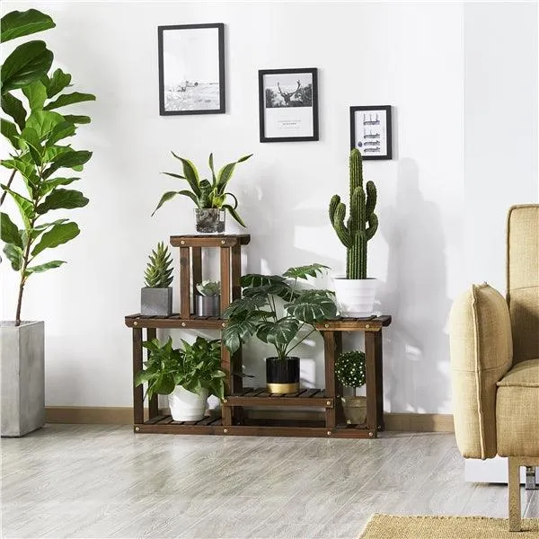 SmileMart 4 Tier Wood Plant Stand Tiered Flower Display Stand 6 Potted Plants for Indoors/Outdoors Brown, photo 3 of 10