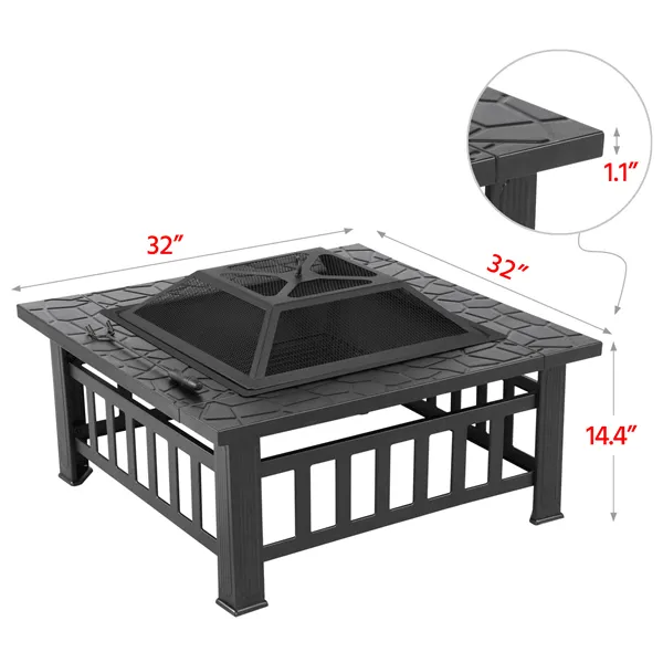 Topeakmart 32'' Outdoor Metal Fire Pit Square Garden Stove Brazier for Barbecue, Heating, Cooling Drinks w/Cover & Poker Black, photo 4 of 12