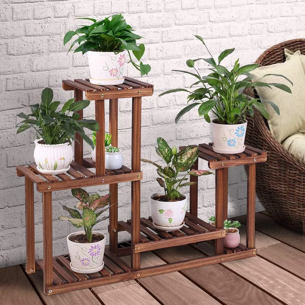 Wood Plant Stand Indoor Outdoor Multiple Flower Pot Holder Shelf Rack Higher and Lower Planter Display Shelving Unit in Garden Balcony Patio Living Room(7-9 Flowerpots), photo 7 of 8