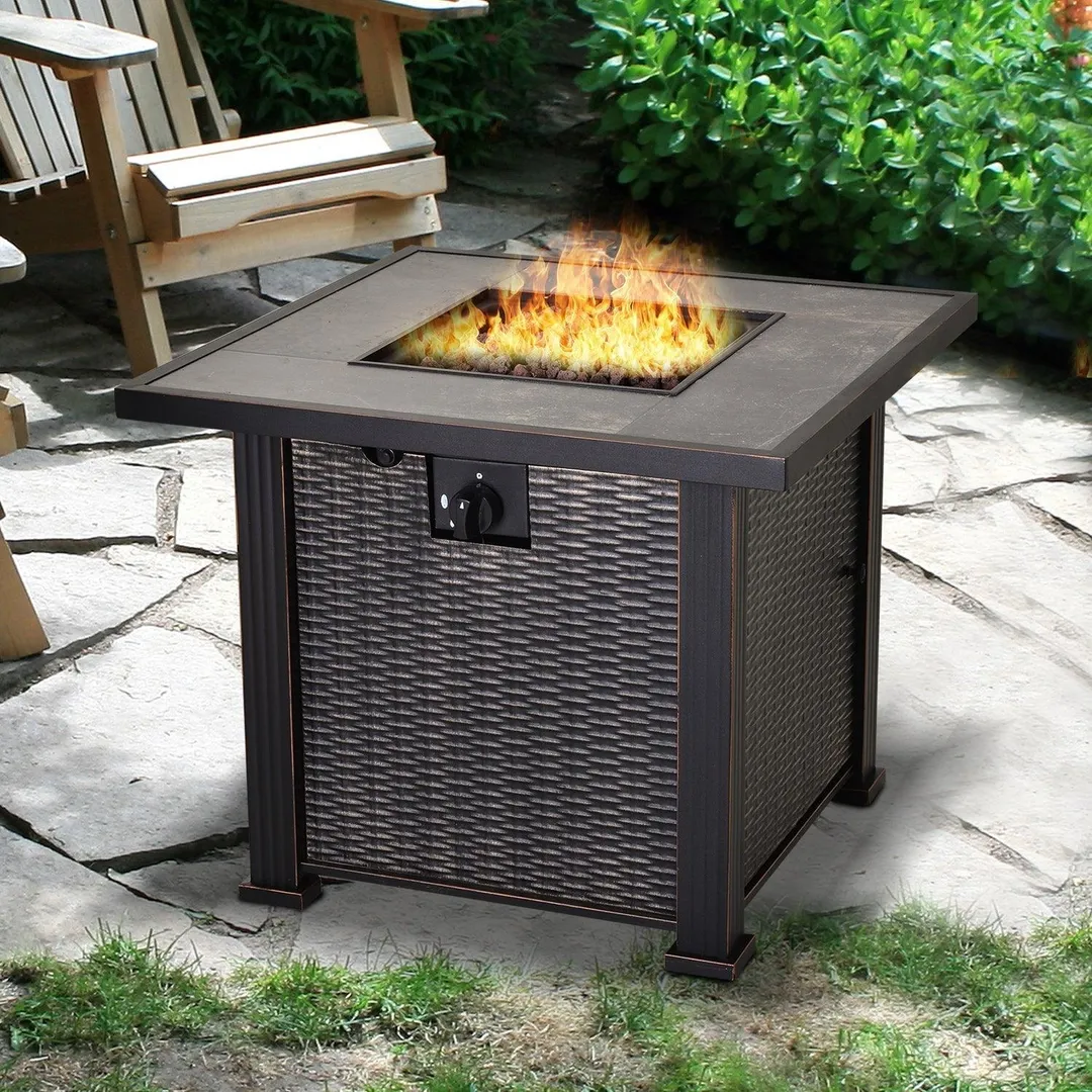 Outsunny 30" 50,000 BTU Outdoor Patio Backyard Gas Fire Pit Table with Beautiful Slate Tabletop & Wicker Design, photo 2 of 9
