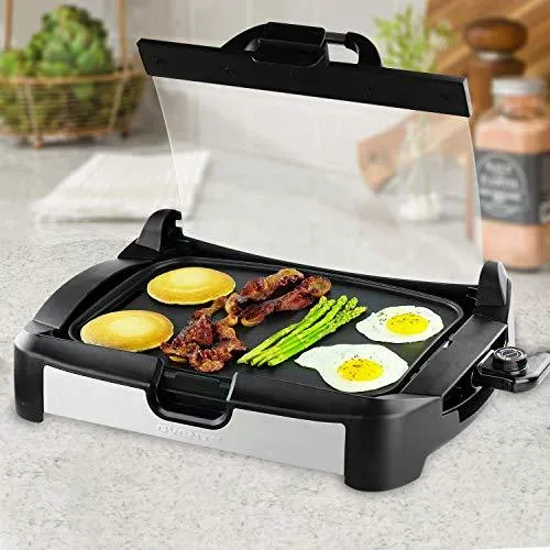 Ovente 2 in 1 Electric Countertop Powerful Contact Grill with Glass Lid & Nonstick Ceramic Grill & Griddle Plate, Portable Stainless Steel BBQ Grill with Removable Drip Tray Easy Clean, Black GR2001B, photo 4 of 8