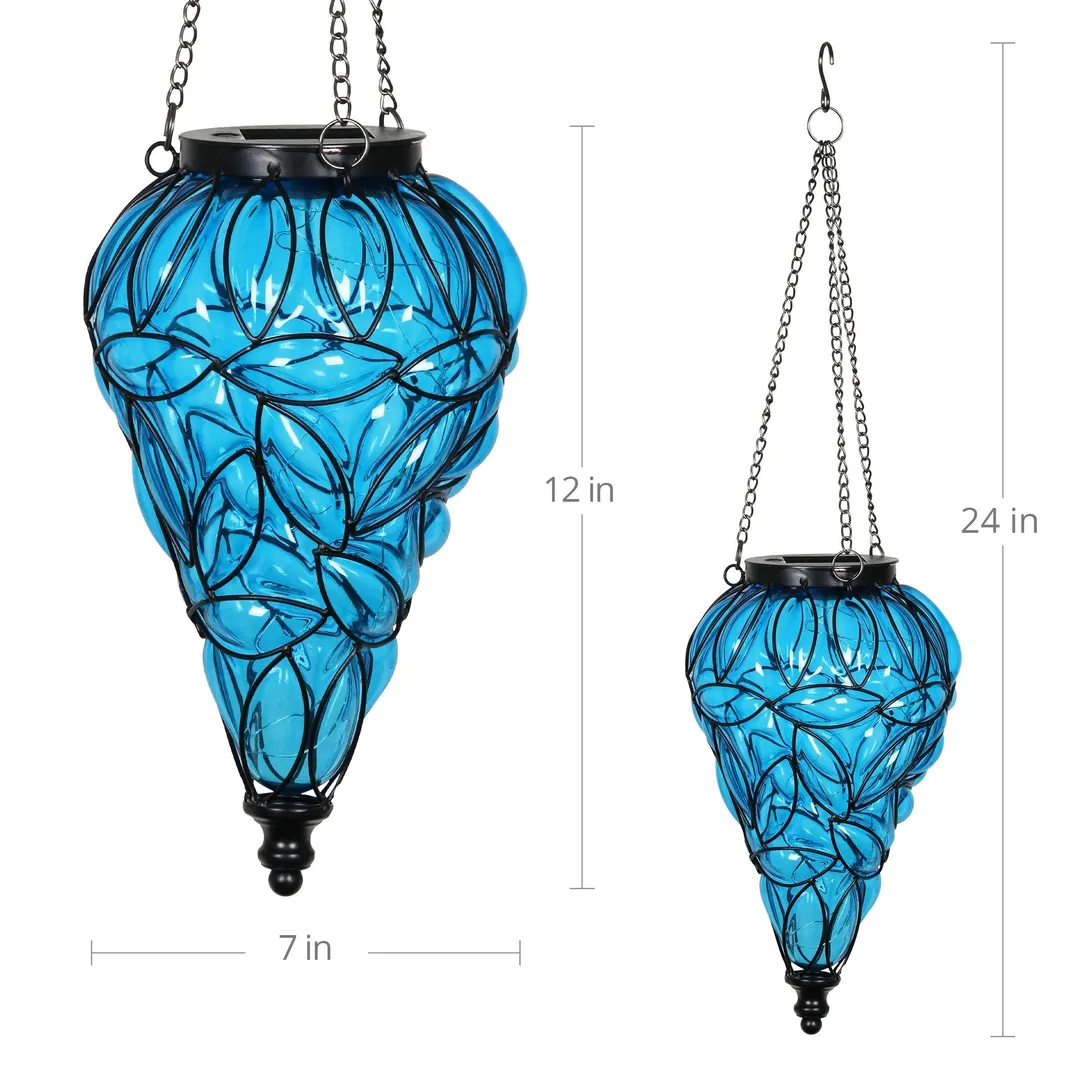 Exhart Solar Tear Shaped Glass and Metal Hanging Lantern in Blue with 15 LED Fairy Firefly String Lights, 7 by 24 inches, photo 5 of 6