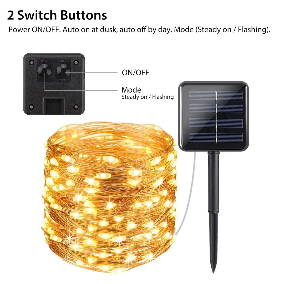 TSV 2/1PCS TSV Solar Powered String Lights outdoor, 100LED 10M/ 33Ft Solar Fairy Lights 2 Modes Waterproof Outdoor/Indoor Garden Lights Copper Wire Lighting for Wedding, Patio, Yard, Festoon, Christmas, photo 4 of 9