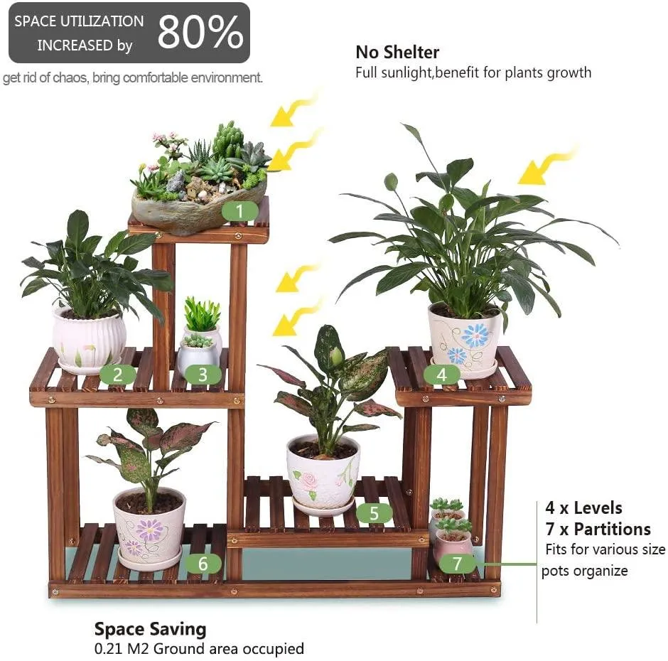 Wood Plant Stand Indoor Outdoor Multiple Flower Pot Holder Shelf Rack Higher and Lower Planter Display Shelving Unit in Garden Balcony Patio Living Room(7-9 Flowerpots), photo 2 of 8