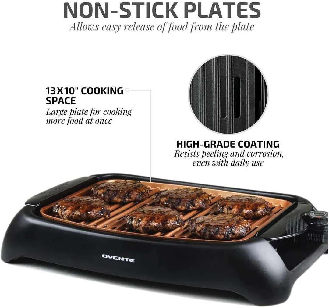 Ovente Electric Cooking Grill 13 x 10 Inch Nonstick Cast Iron Flat Plate with Oil Drip Pan & Temperature Control, Indoor Kitchen or Outdoor Easy Clean Compact for BBQ Grilling Meat, Copper GD1632NLCO, photo 3 of 9