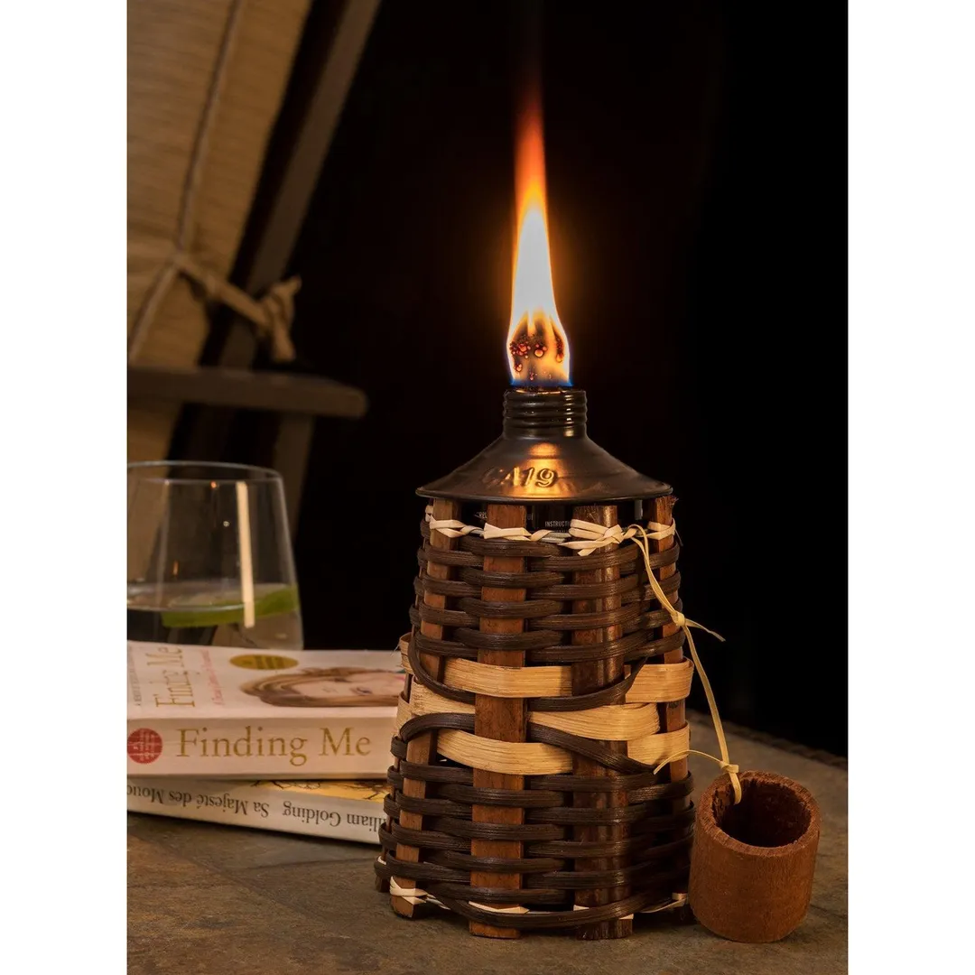 Sunjoy Tabletop Oil Torch, Tiki Style Rattan Vine Outdoor Lighting, Patio Garden Decor, Brown, photo 9 of 9