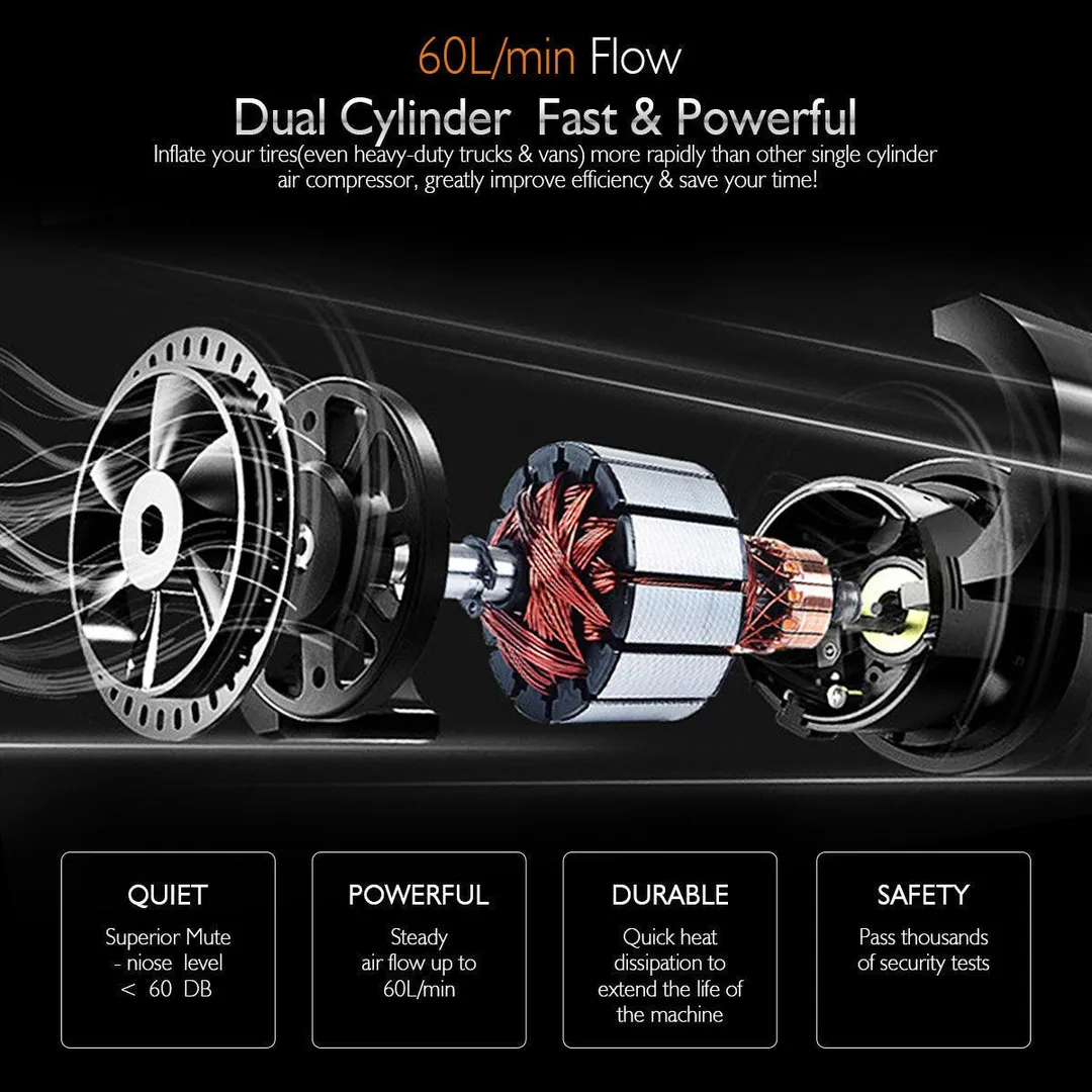 Audew Dual Cylinder Air Compressor Pump, Heavy Duty Portable Air Pump, Auto 12V Tire Inflator for Car, Truck, RV, Bicycle and Other Inflatables, photo 3 of 11