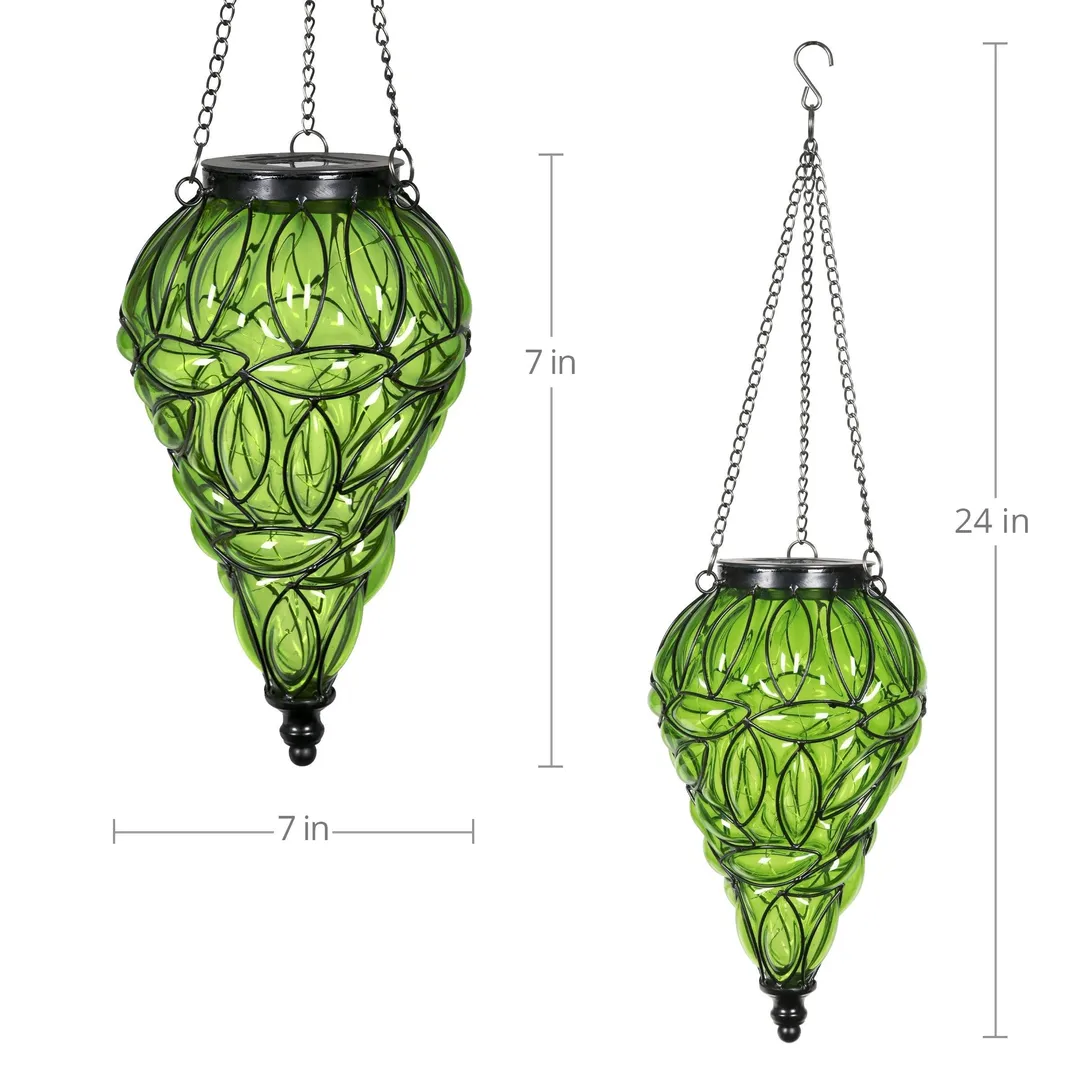 Exhart Solar Tear Shaped Glass and Metal Hanging Lantern in Green with 15 LED Fairy Firefly String Lights, 7 by 24 inches, photo 4 of 6