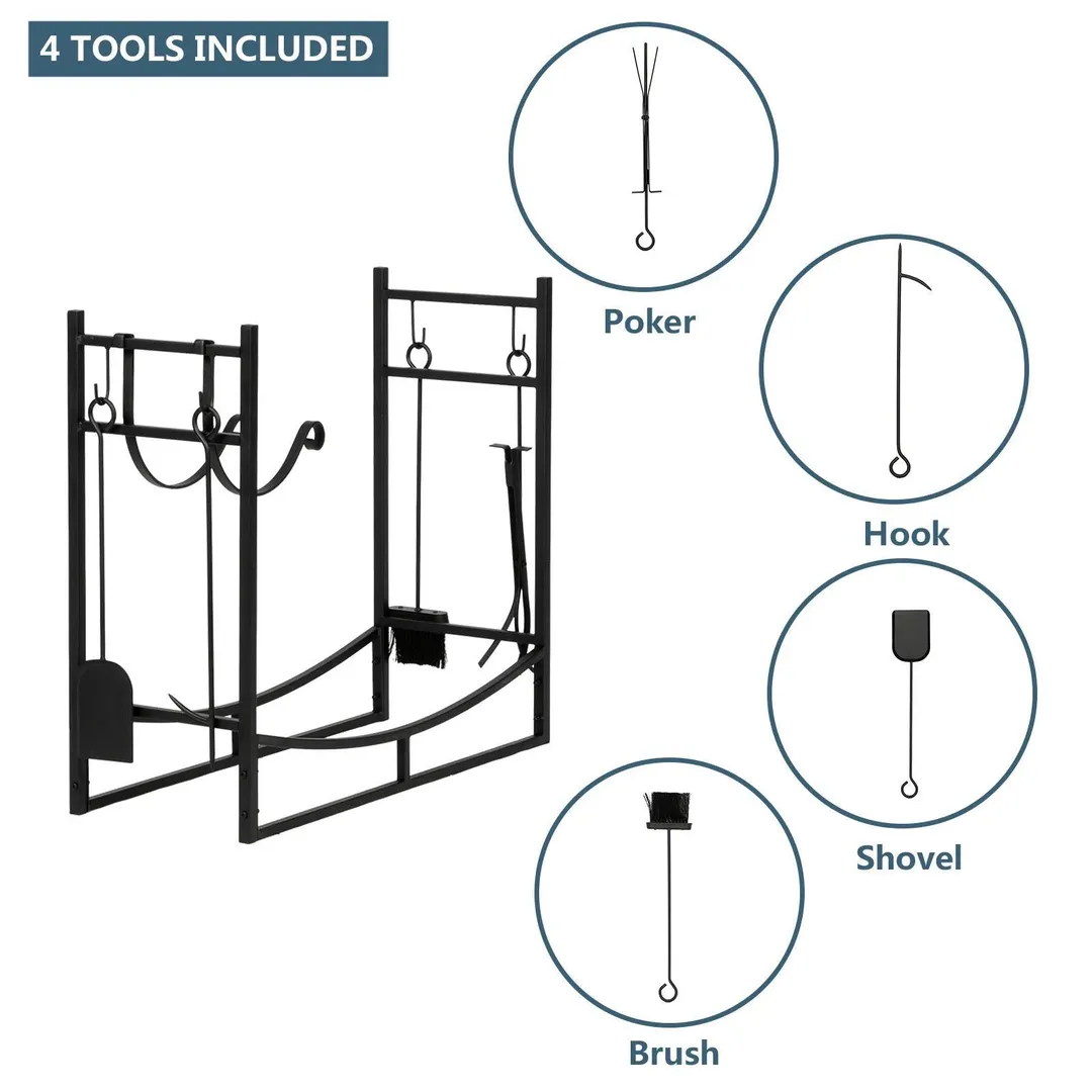 Winado 35 in. Outdoor Steel Firewood Log Rack Wood Storage Holder for Fireplace w/ Tools & Brackets, photo 4 of 6