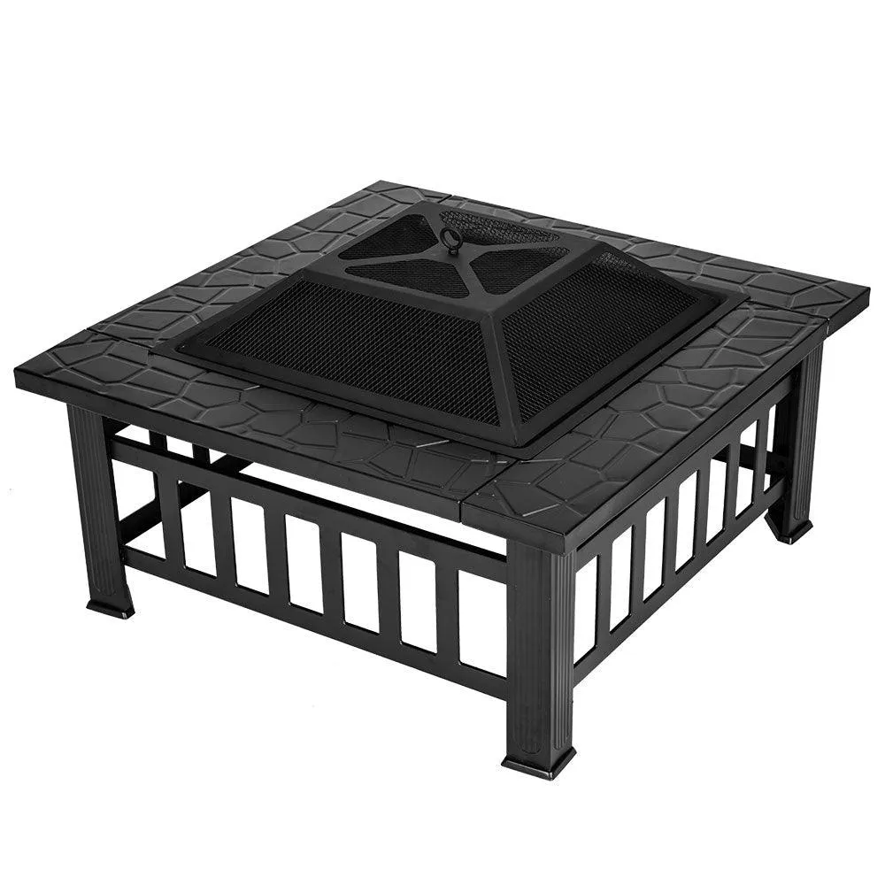SINOWELL Outdoor Fire Pit Square Metal Firepit Backyard Patio Garden Stove Wood Burning Fire Pit W/Rain Cover, Black, photo 2 of 8