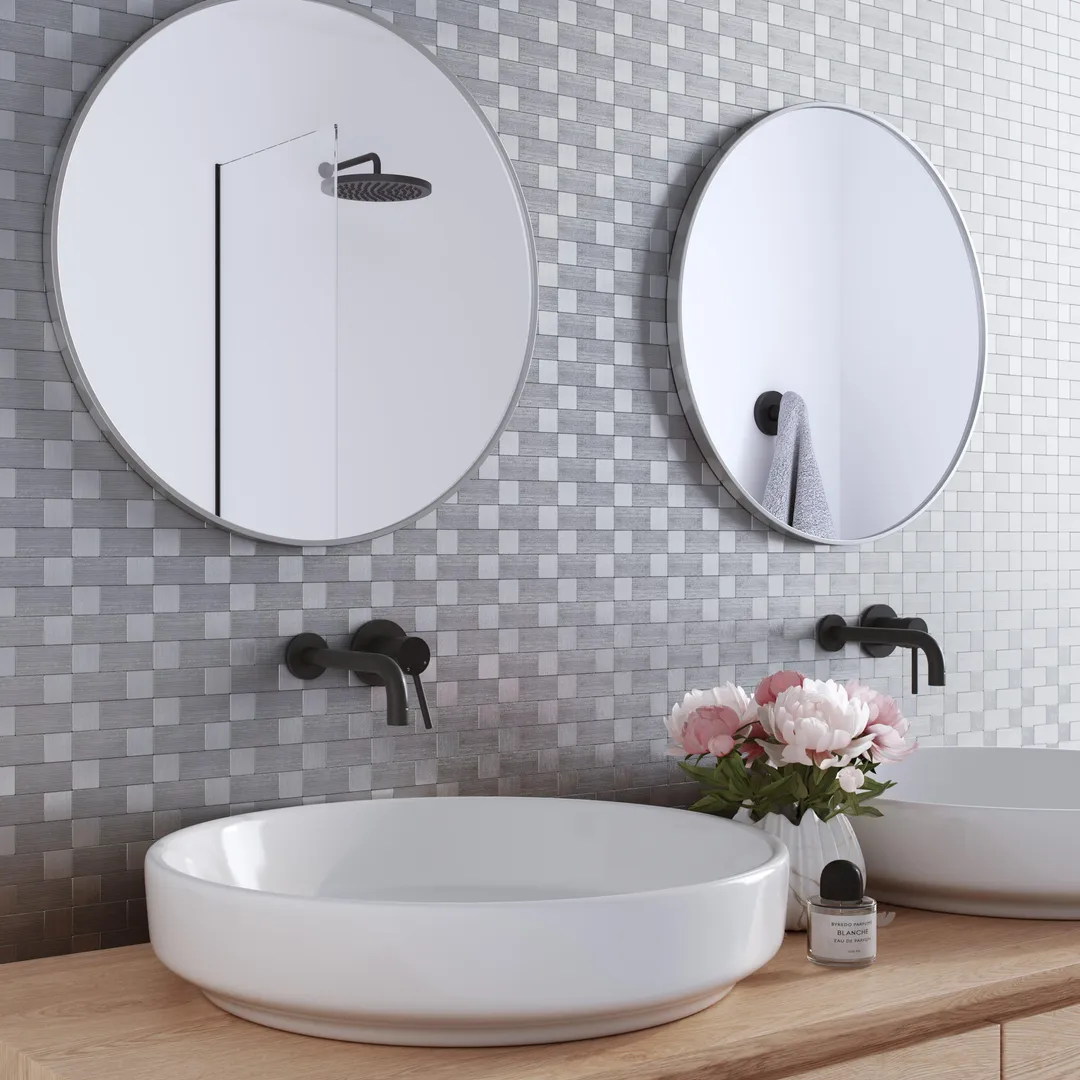Crystiles Silver Mosaics 12 in. x 12 in. Peel and Stick Brushed Aluminum Wall Tile Backsplash, 4 Pieces, photo 5 of 6