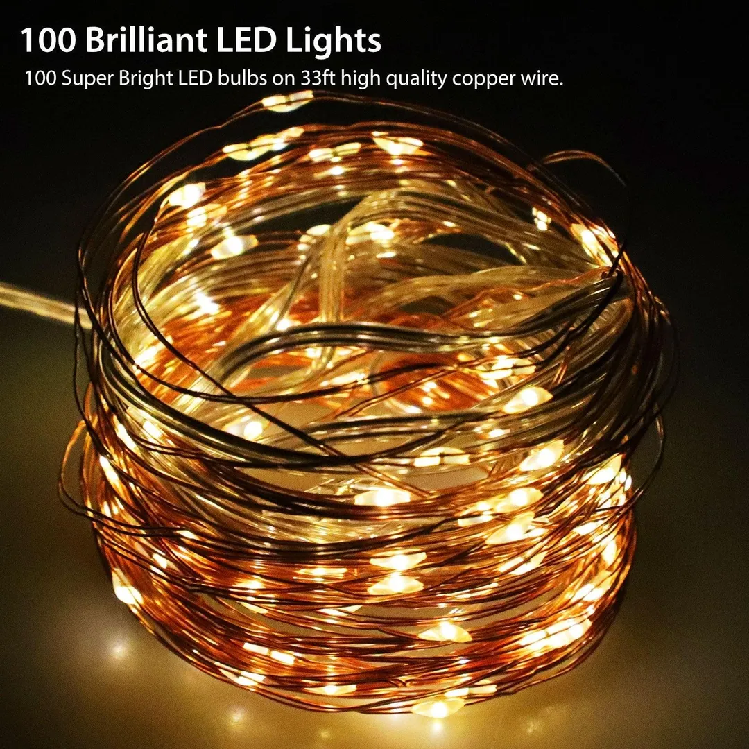 TSV 2/1PCS TSV Solar Powered String Lights outdoor, 100LED 10M/ 33Ft Solar Fairy Lights 2 Modes Waterproof Outdoor/Indoor Garden Lights Copper Wire Lighting for Wedding, Patio, Yard, Festoon, Christmas, photo 2 of 9