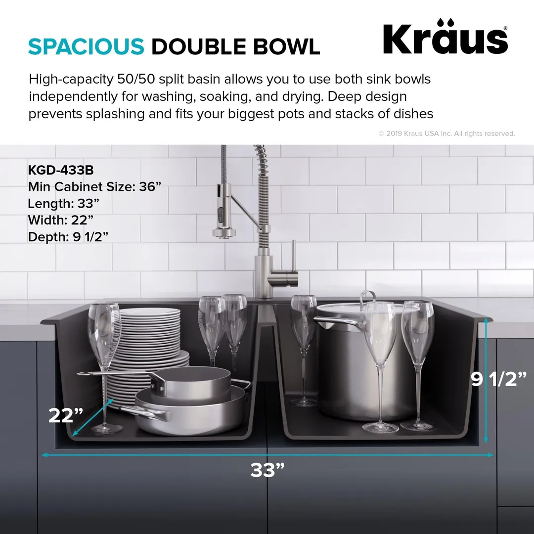 KRAUS 33 Inch Dual Mount 50/50 Double Bowl Granite Kitchen Sink w/ Topmount and Undermount Installation in Black Onyx, photo 7 of 12