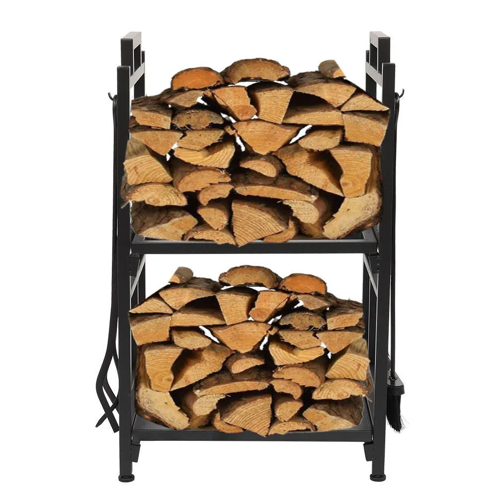 Ktaxon Firewood Rack Indoor Fireplace Tool Rack Outdoor Log Rack with 4 Tools Wood Holder Bin Firewood Holders Lumber Storage Stacking Black Wrought Iron Fireplace Logs Holder Stove, photo 4 of 7