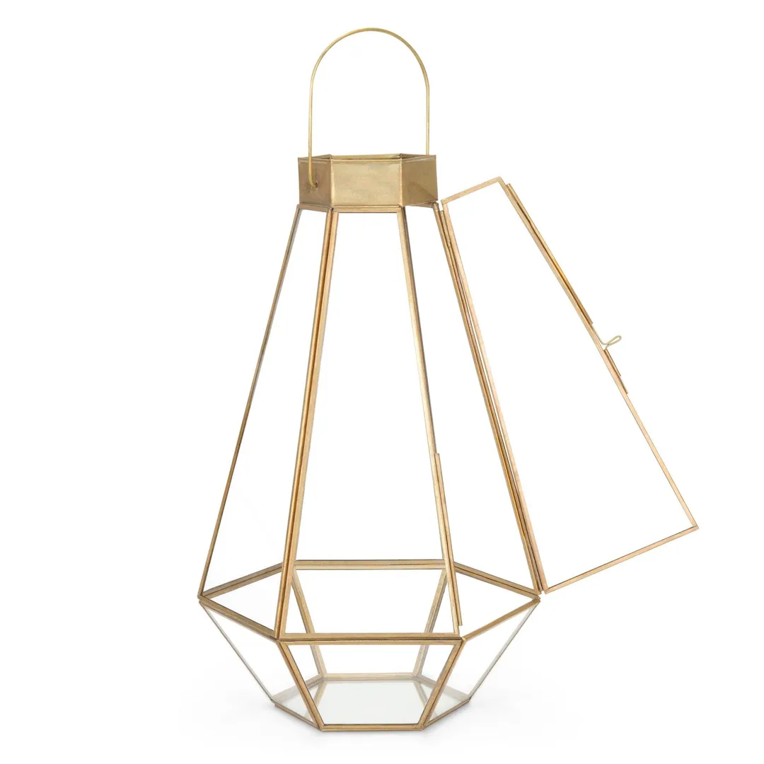 Best Choice Products Set of 3 Indoor Outdoor Decorative Metal Faceted Hurricane Candle Lanterns w/ Clear Glass - Brass, photo 4 of 6