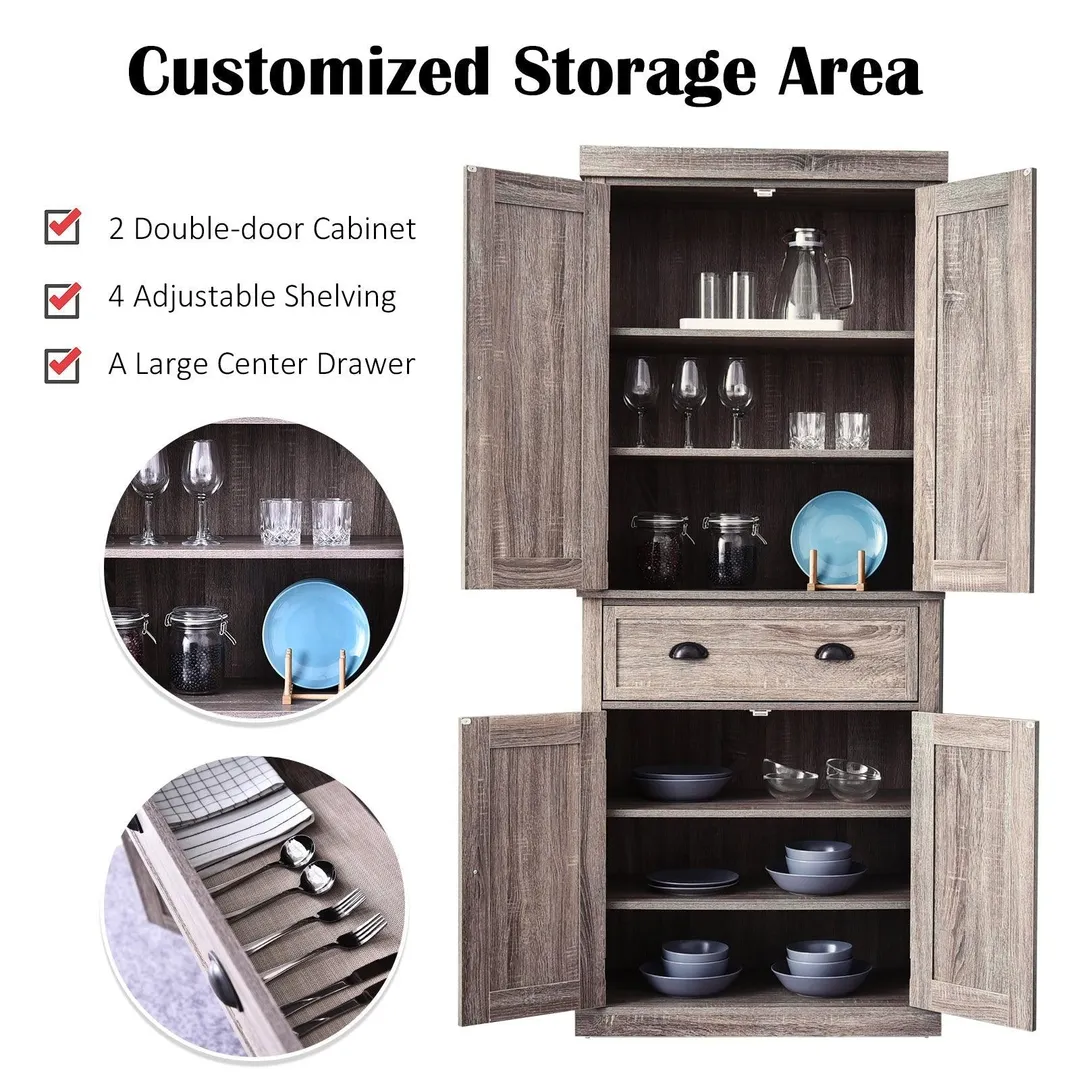 HOMCOM 72 H Traditional Colonial Freestanding Kitchen / Bathroom Storage Pantry with 1 Center Drawer and 2 Cabinets, photo 2 of 8