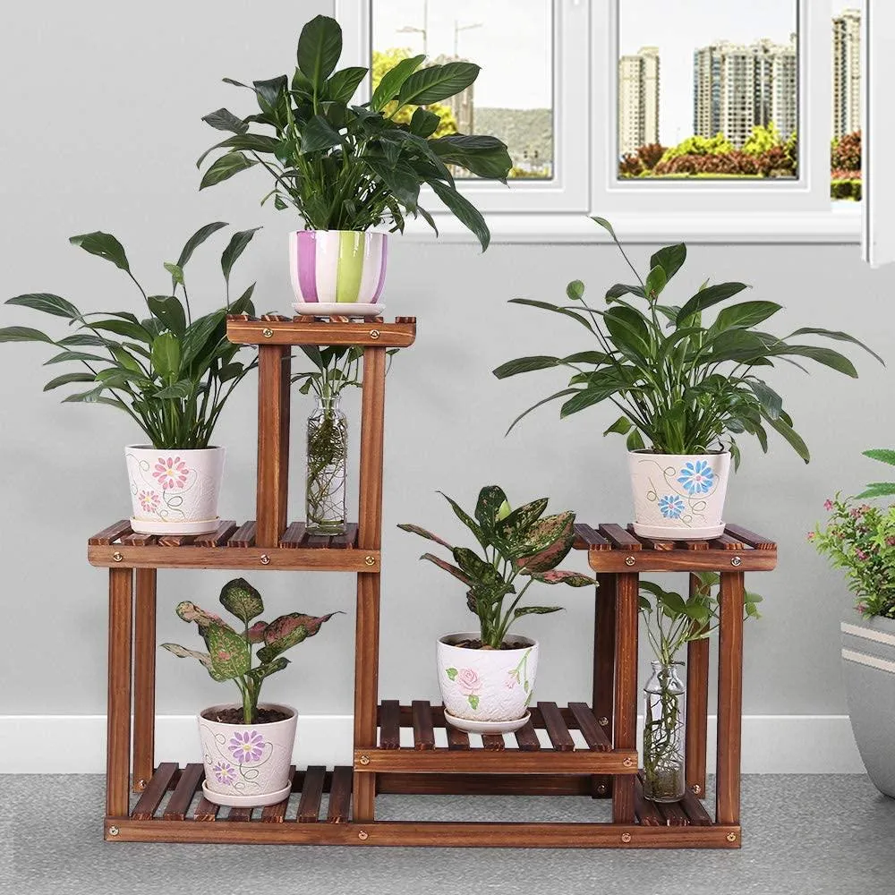 Wood Plant Stand Indoor Outdoor Multiple Flower Pot Holder Shelf Rack Higher and Lower Planter Display Shelving Unit in Garden Balcony Patio Living Room(7-9 Flowerpots), photo 8 of 8
