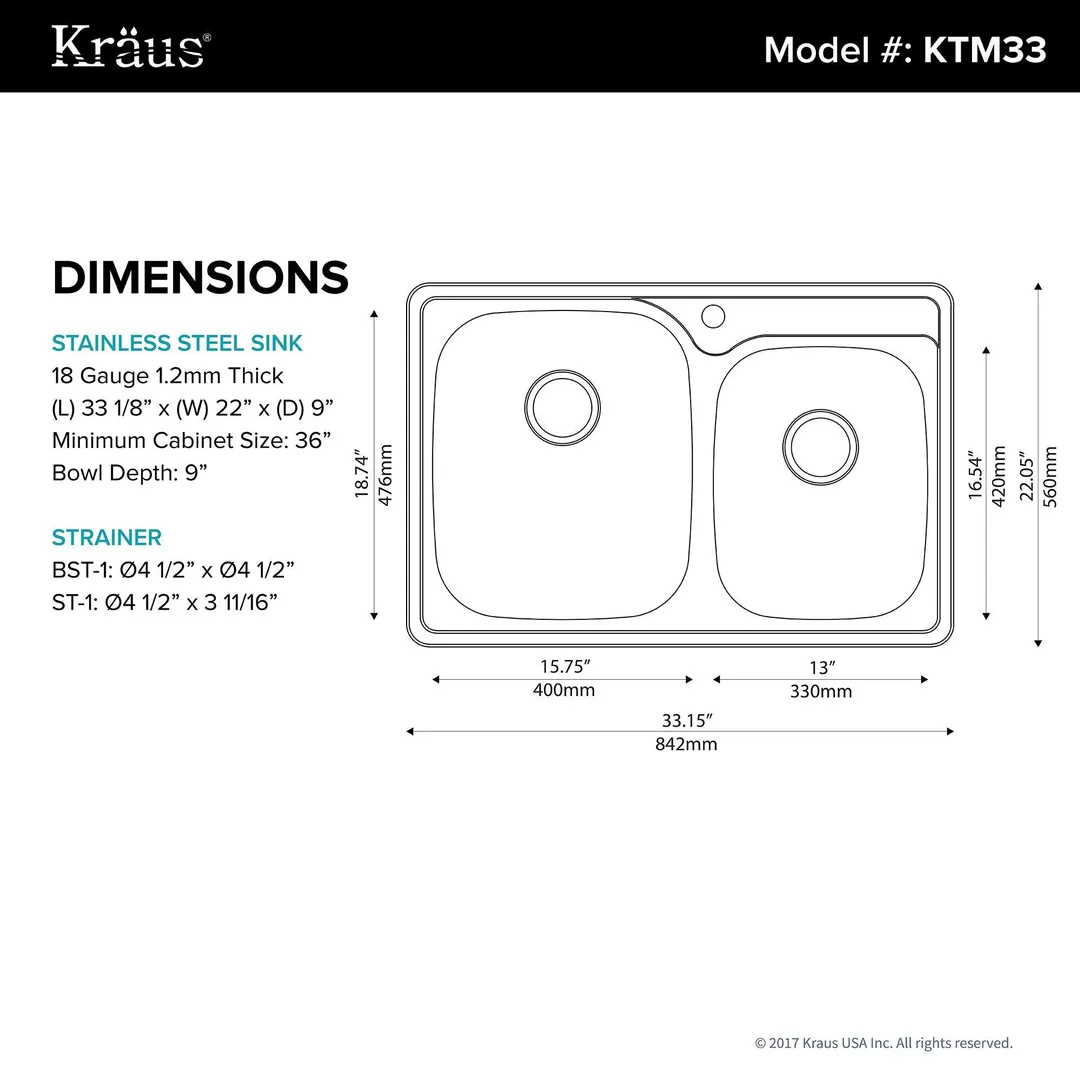 KRAUS 33 Inch Topmount 50/50 Double Bowl 18 Gauge Stainless Steel Kitchen Sink with NoiseDefend Soundproofing, photo 3 of 5