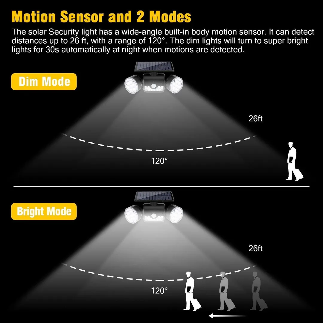 TSV Solar Motion Sensor Dual Head Lights Outdoor Lighting, TSV 30LED IP65 Waterproof 360° Rotatable Solar Powered Wall Lights Spotlight Flood Security Lights for Front Door Yard Garden Garage, photo 6 of 10