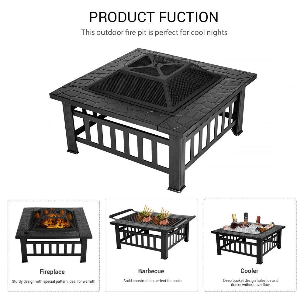 SINOWELL Outdoor Fire Pit Square Metal Firepit Backyard Patio Garden Stove Wood Burning Fire Pit W/Rain Cover, Black, photo 6 of 8