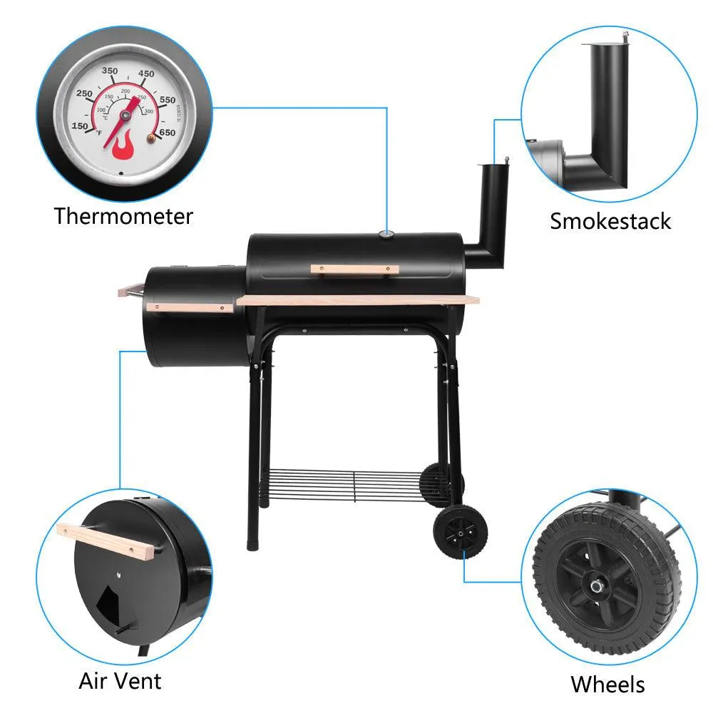 Charcoal Grill, SEGMART 24.4" BBQ Grill Charcoal with Smoker, Portable BBQ Grill with Side Burner, Outdoor Charcoal BBQ Grill with 2 Wheels & Thermometer, Grill for Camping Picnic, Park, Black, H1201, photo 9 of 15