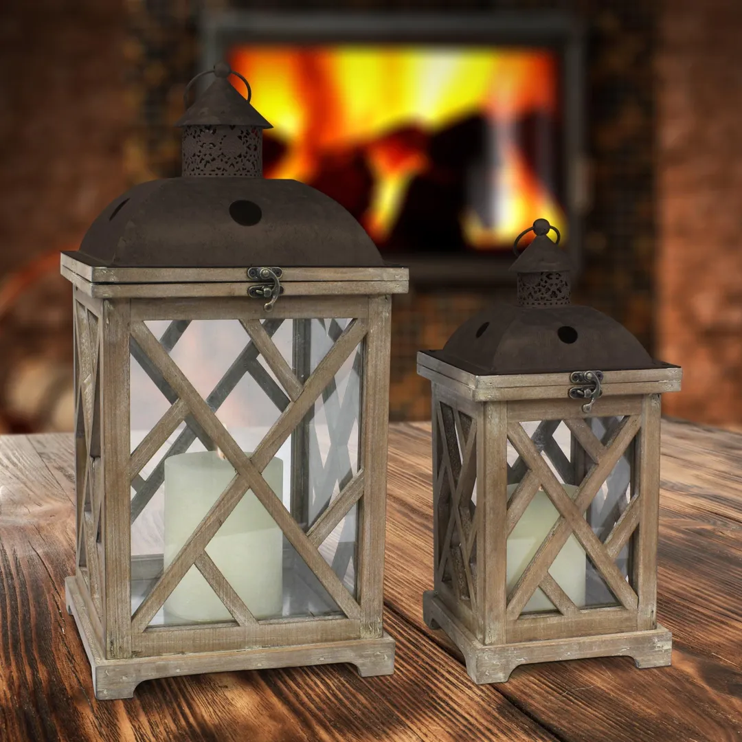 Stonebriar Collection Stonebriar Decorative Wooden Hurricane Candle Lantern Set - Indoor or Outdoor Use - Set of 2, photo 2 of 7