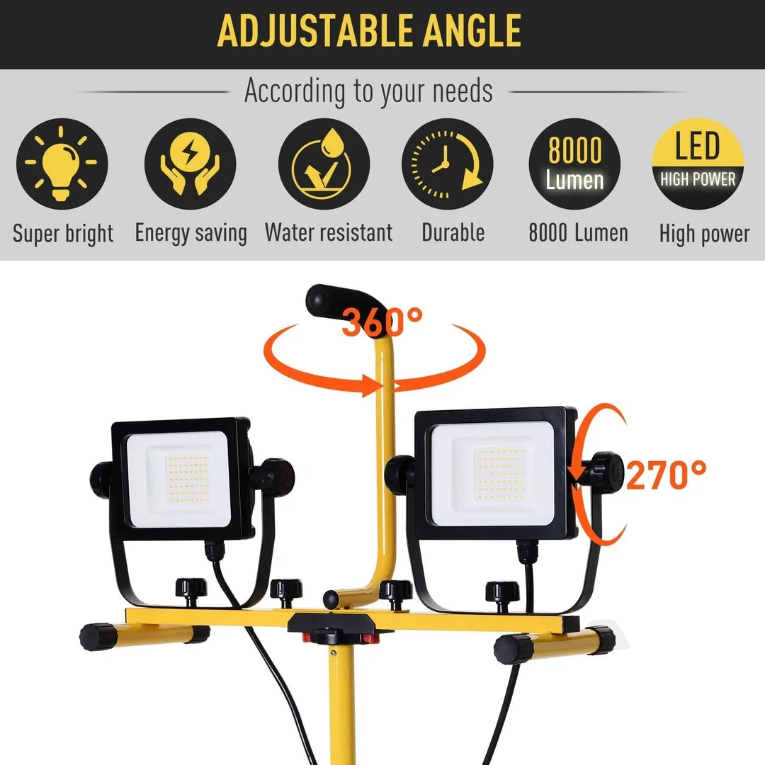 HOMCOM 8,000 Lumen LED Work Lights Dual Head Weather Resistant with Tripod Stand, photo 4 of 10