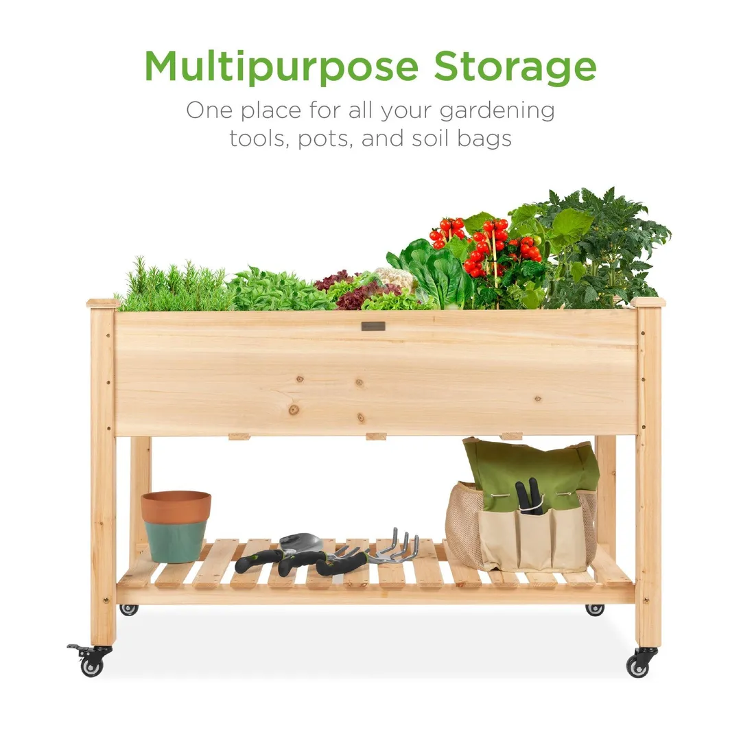 Best Choice Products Raised Garden Bed 48x24x32in Mobile Elevated Wood Planter w/ Lockable Wheels, Storage Shelf, Liner, photo 2 of 7