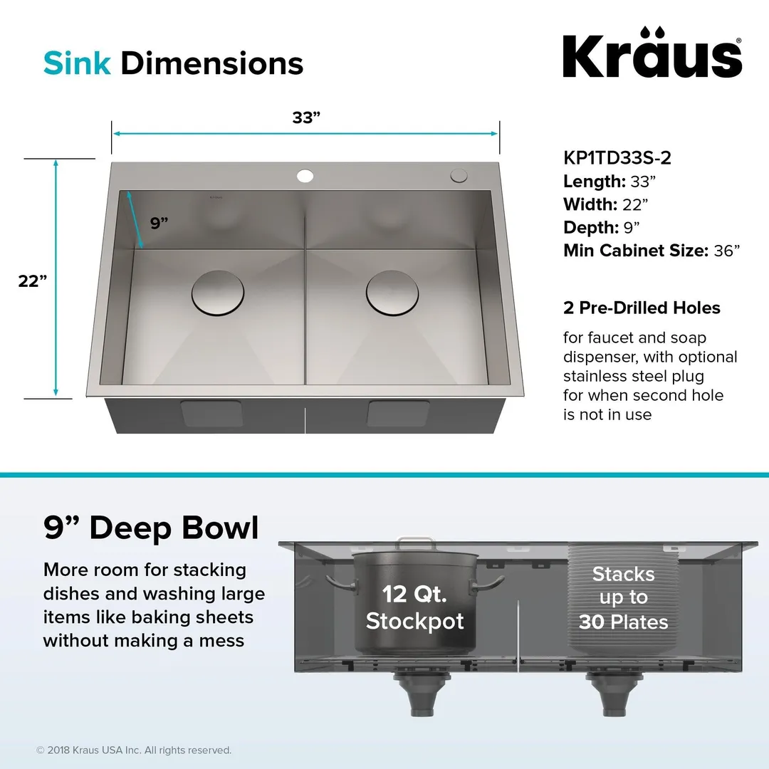 KRAUS 33 x 22 inch Pax Drop-In Topmount 16 Gauge Zero-Radius Double Bowl 2-Hole Stainless Steel Kitchen Sink, photo 5 of 15