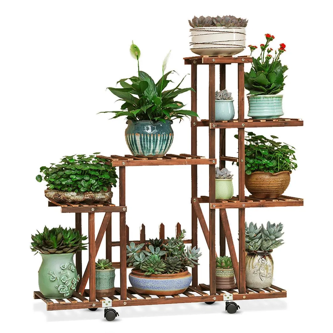 Fir Wood Plant Flower Pot Stand Shelf Rack Display Wheels Indoor Outdoor Garden, photo 2 of 6