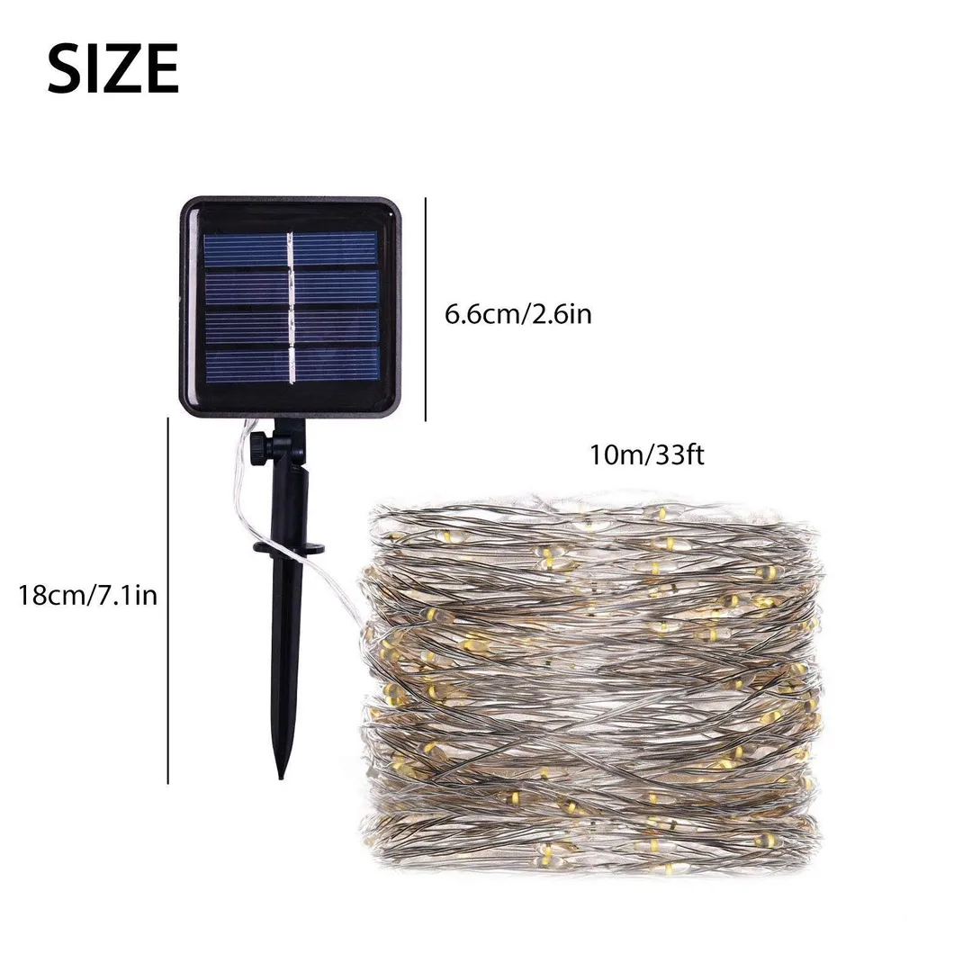 TSV 2/1PCS TSV Solar Powered String Lights outdoor, 100LED 10M/ 33Ft Solar Fairy Lights 2 Modes Waterproof Outdoor/Indoor Garden Lights Copper Wire Lighting for Wedding, Patio, Yard, Festoon, Christmas, photo 8 of 9
